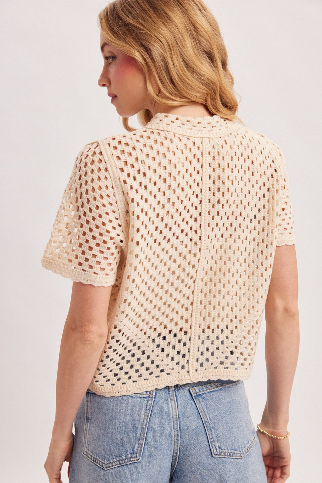 Giselle Short Sleeve Button Down Crochet Knit Top Natural
