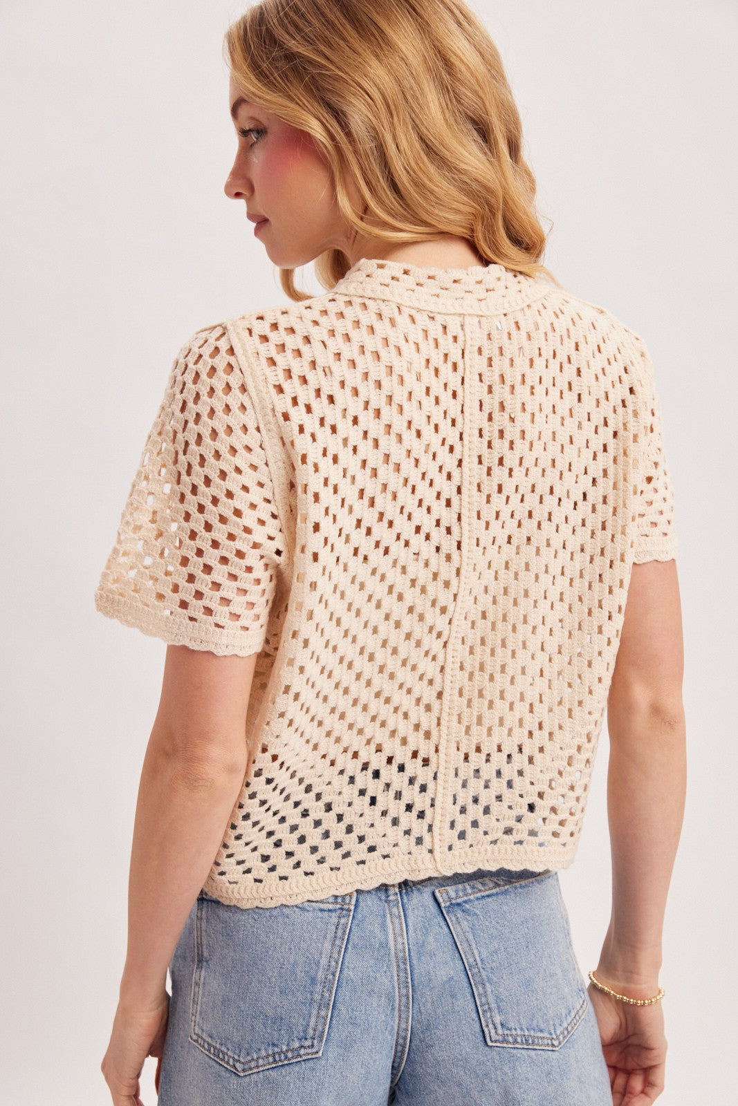 Giselle Short Sleeve Button Down Crochet Knit Top Natural