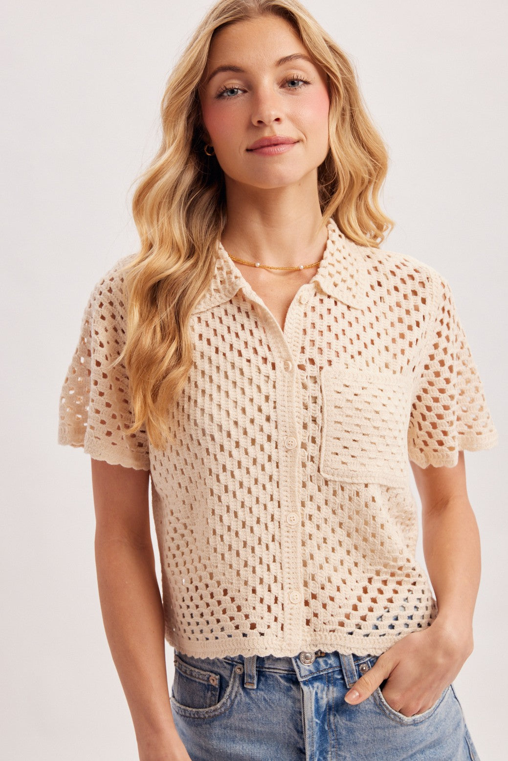 Giselle Short Sleeve Button Down Crochet Knit Top Natural