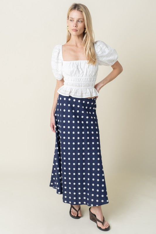 Nicole High Waist Polka Dot Print Maxi Skirt Navy