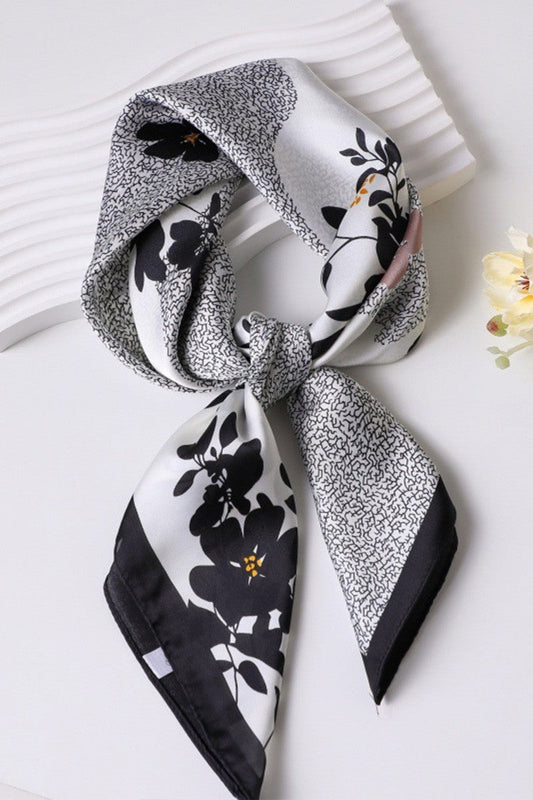 Crystal Floral Print Square Fashion Forward Scarf Black White