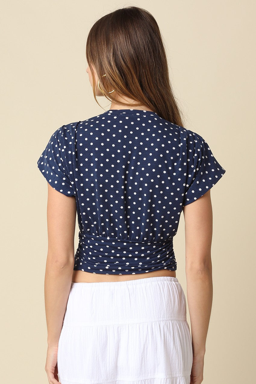 Jocelyn Short Sleeve Polka Dot Print Crop Top Navy