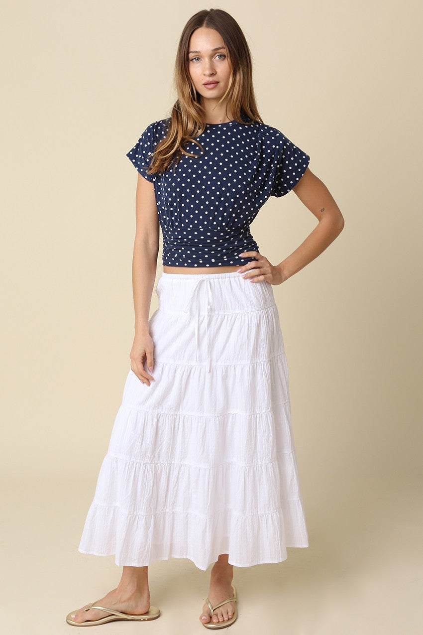 Jocelyn Short Sleeve Polka Dot Print Crop Top Navy