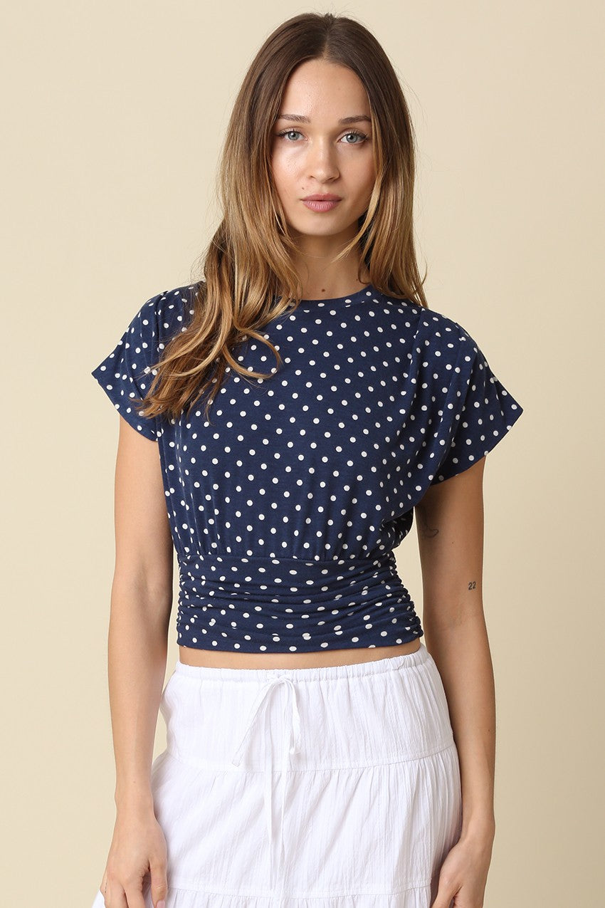 Jocelyn Short Sleeve Polka Dot Print Crop Top Navy