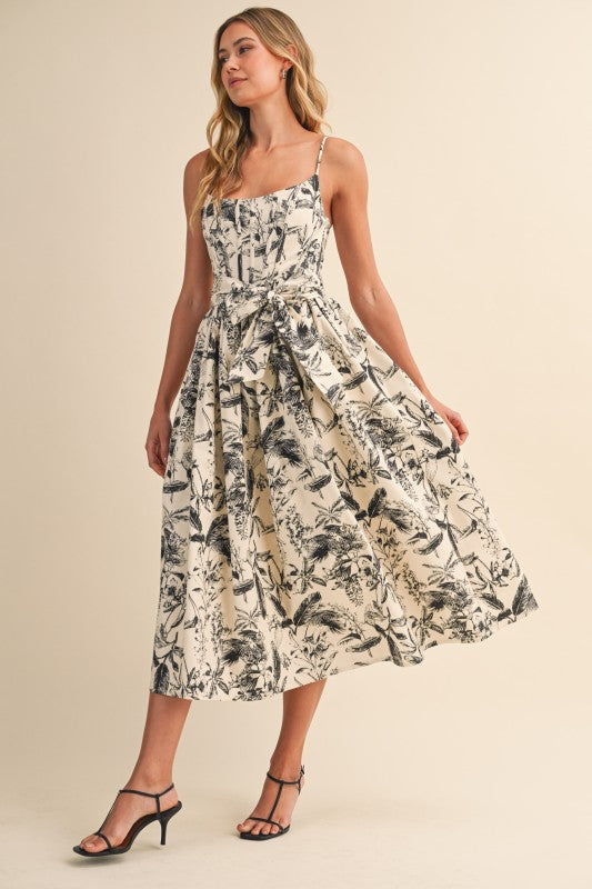 Waitlist 7/20 • Lauren Sleeveless Waist Tie Floral Print Midi Dress Black