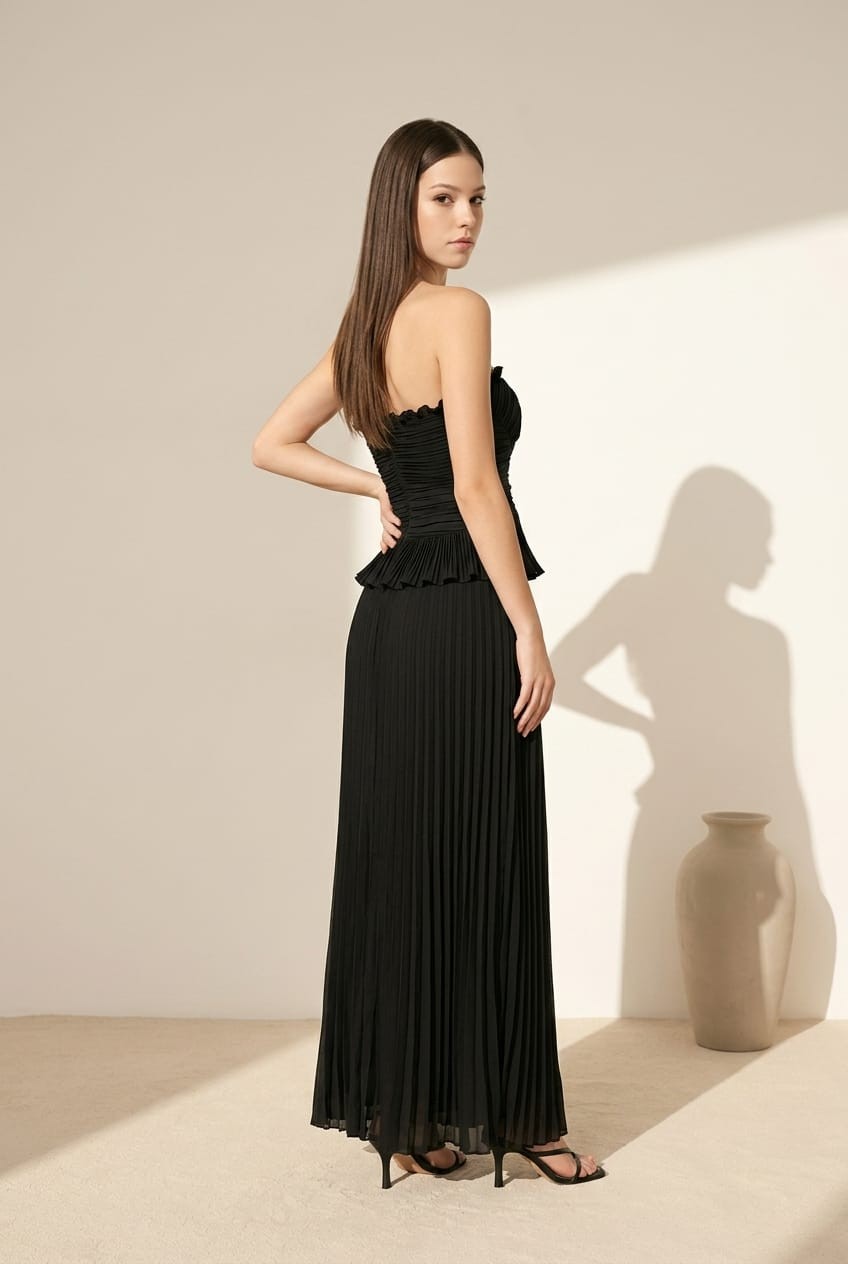 Waverly Sleeveless Pleated Satin Top And High Waist Maxi Skirt Set Black