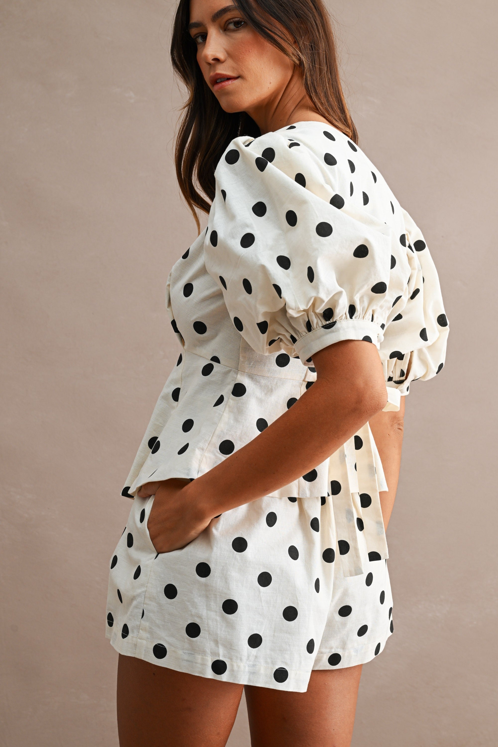 Waitlist 8/5 • Bianca Short Puff Sleeve Peplum Top And Polka Dot Shorts Set Cream