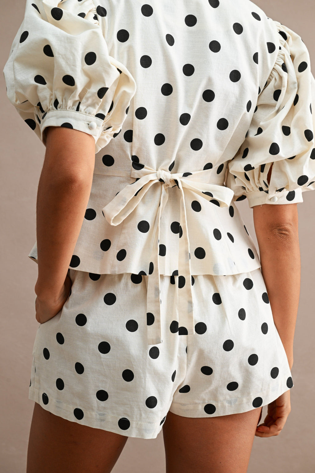 Waitlist 8/5 • Bianca Short Puff Sleeve Peplum Top And Polka Dot Shorts Set Cream