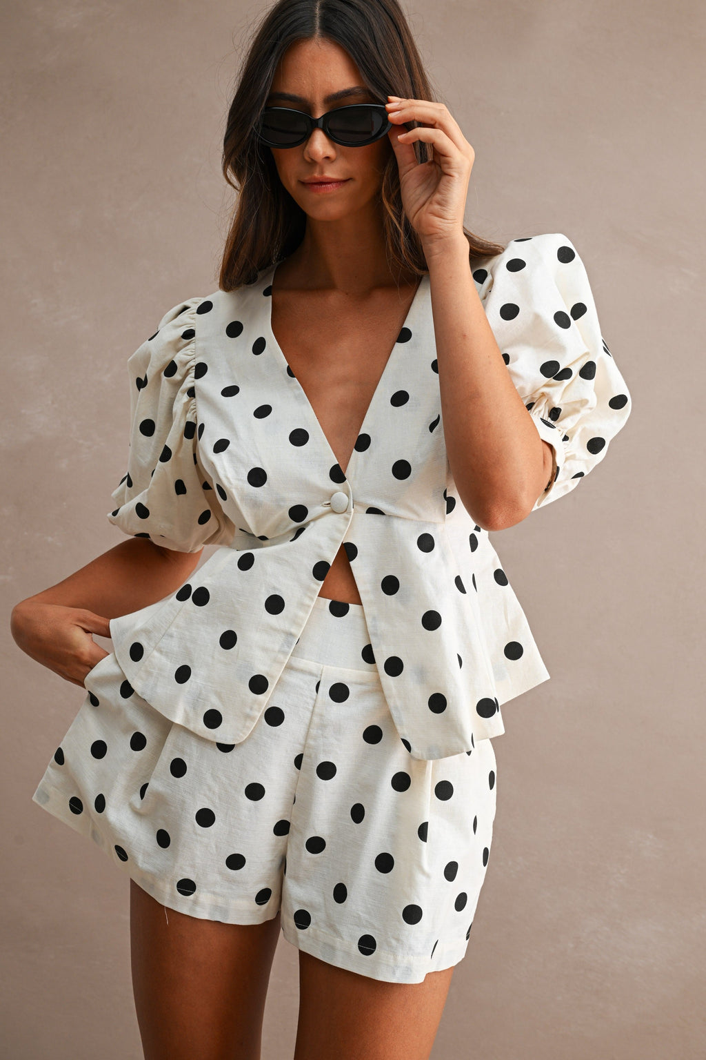 Waitlist 8/5 • Bianca Short Puff Sleeve Peplum Top And Polka Dot Shorts Set Cream