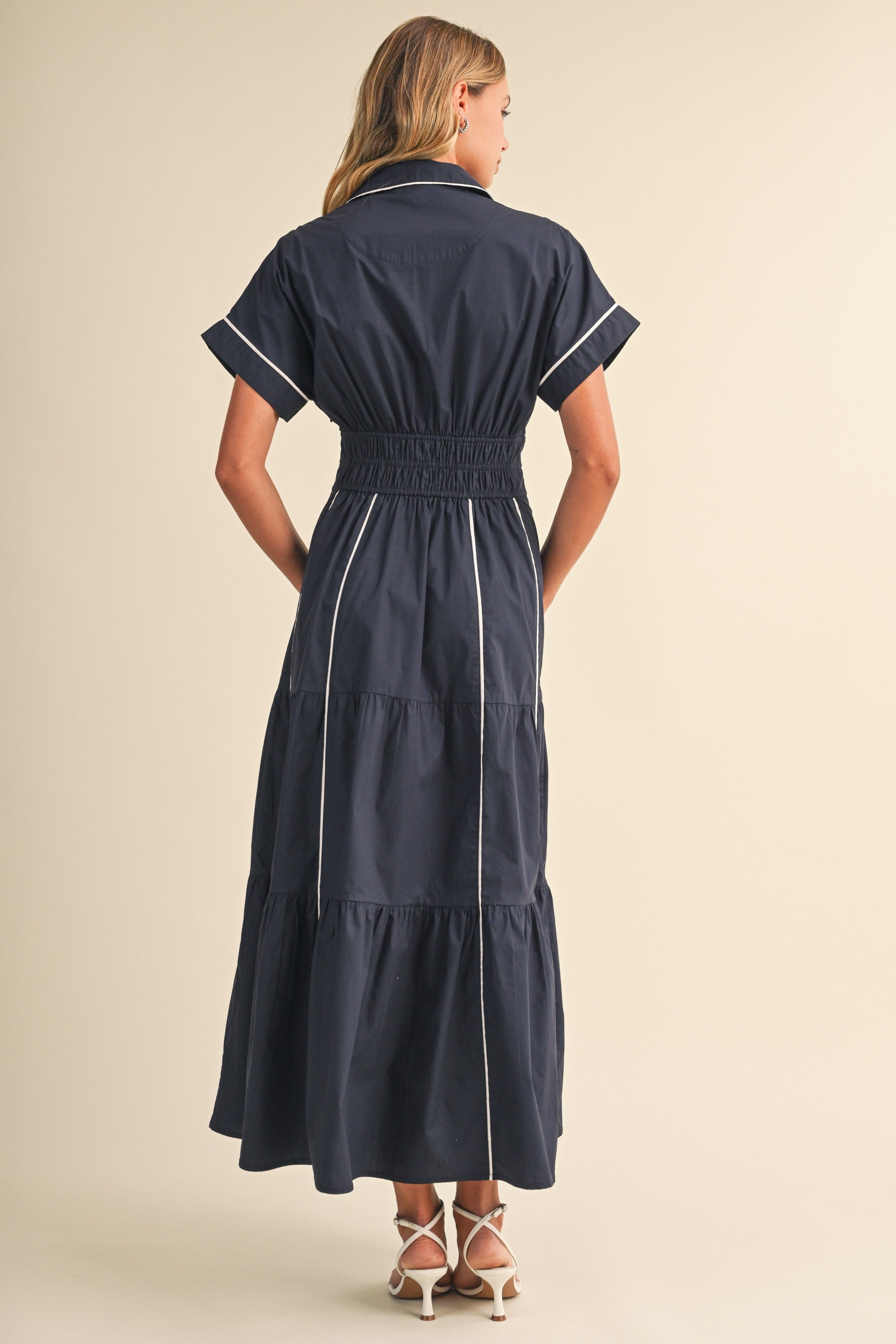 Waitlist 7/25 • Anya Short Sleeve Contrast Piping Maxi Dress Navy