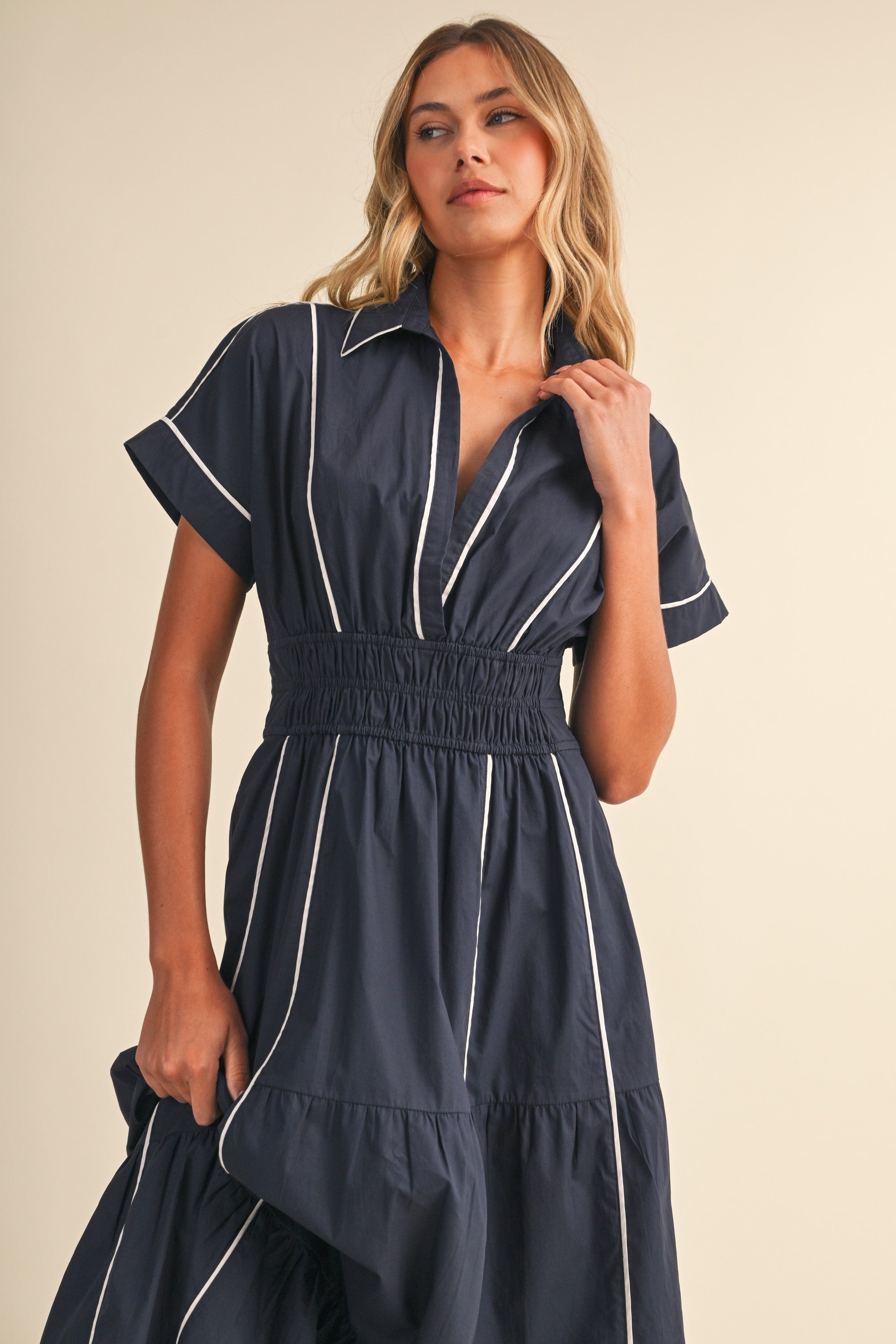 Waitlist 7/25 • Anya Short Sleeve Contrast Piping Maxi Dress Navy