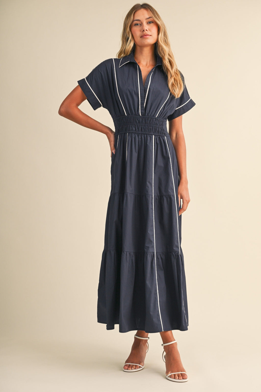 Waitlist 7/25 • Anya Short Sleeve Contrast Piping Maxi Dress Navy