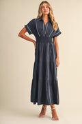 Waitlist 7/25 • Anya Short Sleeve Contrast Piping Maxi Dress Navy