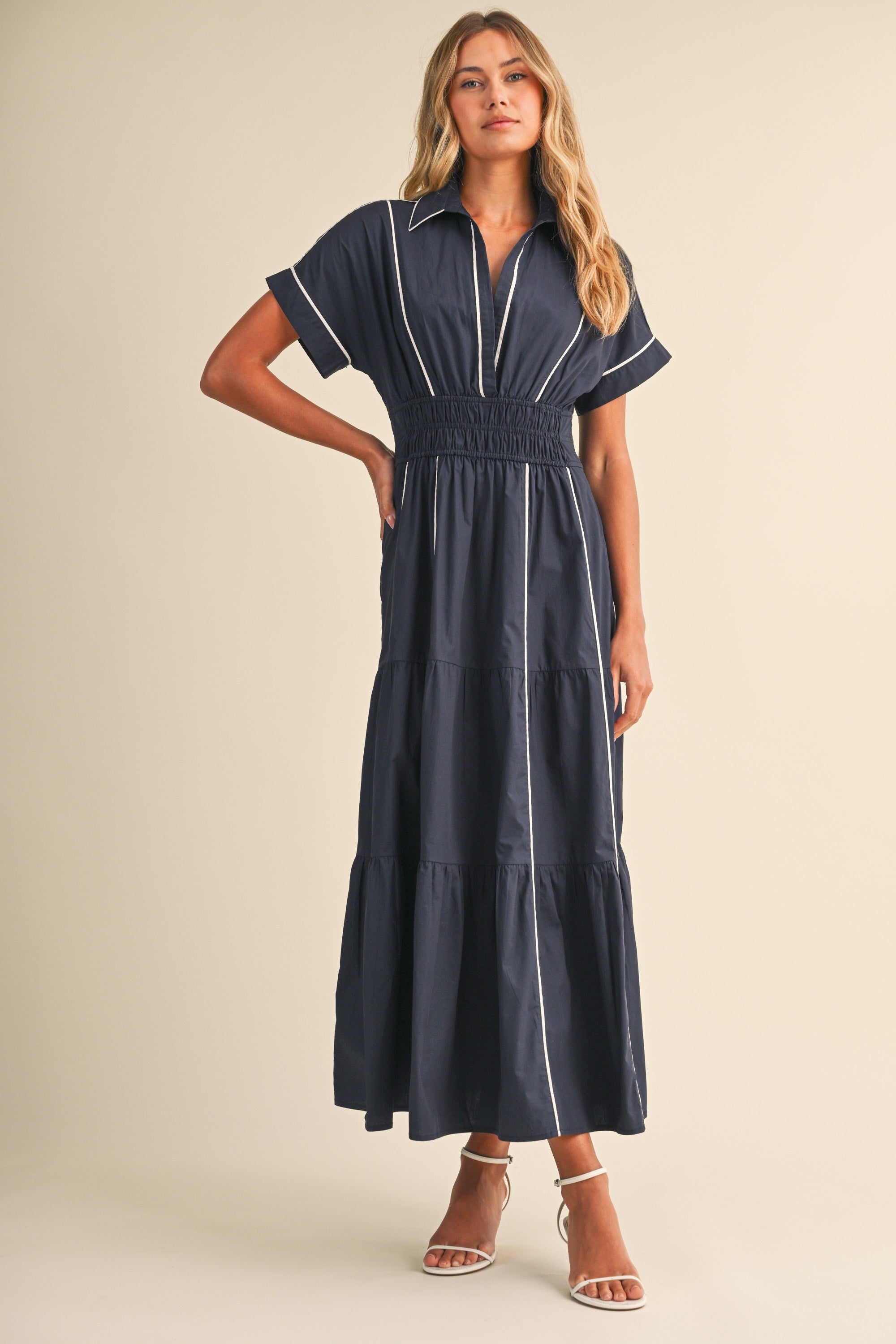Waitlist 7/25 • Anya Short Sleeve Contrast Piping Maxi Dress Navy