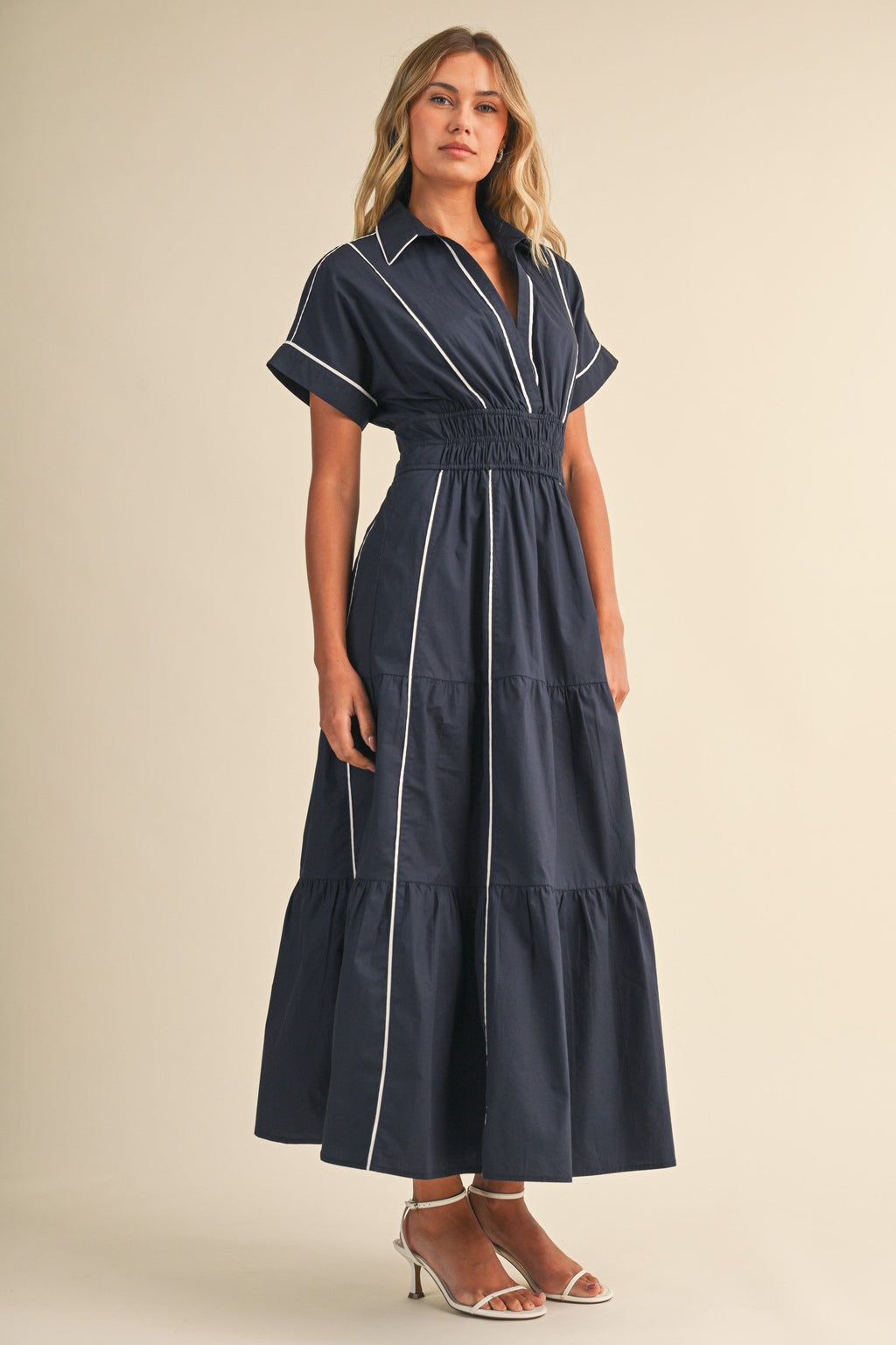 Waitlist 7/25 • Anya Short Sleeve Contrast Piping Maxi Dress Navy