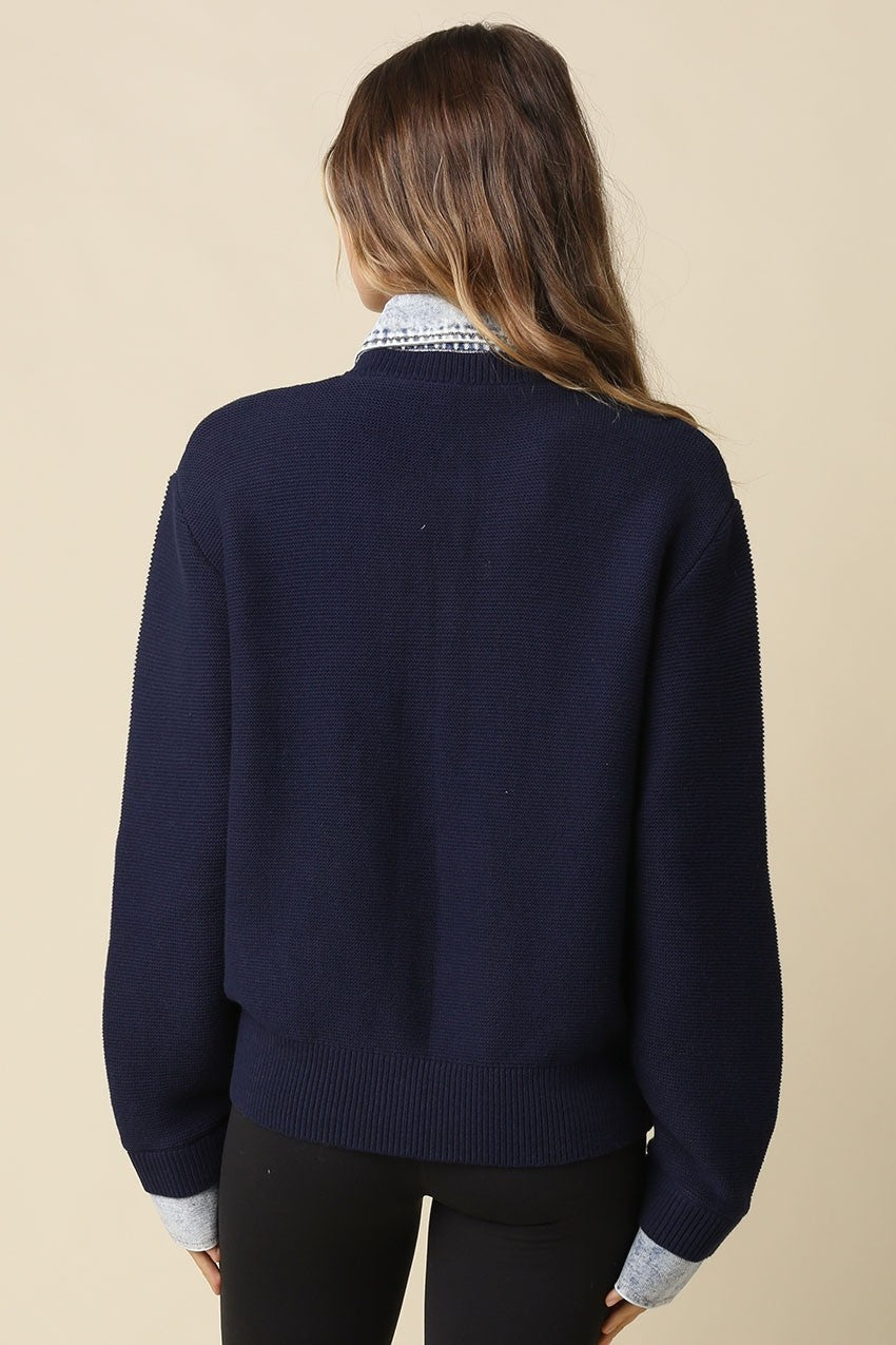 Waitlist 8/20 • Blaire Long Sleeve Button Down Contrast Denim Knit Cardigan Navy