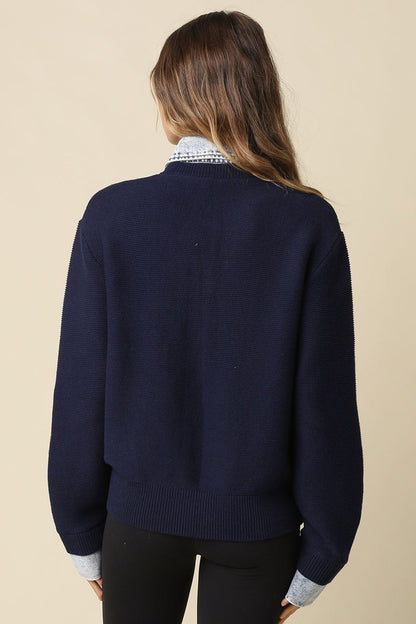 Waitlist 8/20 • Blaire Long Sleeve Button Down Contrast Denim Knit Cardigan Navy