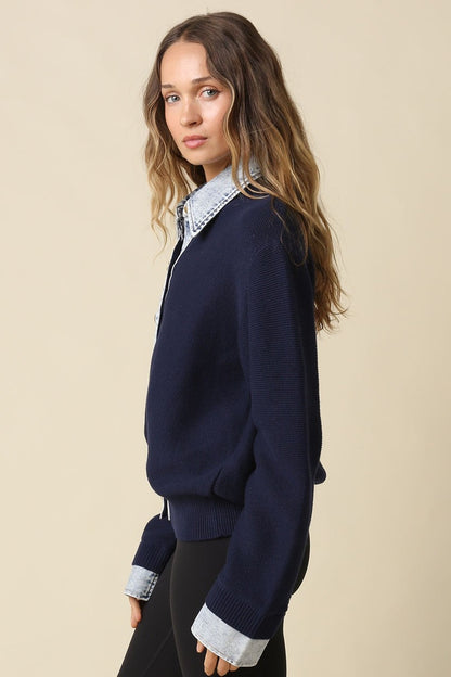 Waitlist 8/20 • Blaire Long Sleeve Button Down Contrast Denim Knit Cardigan Navy