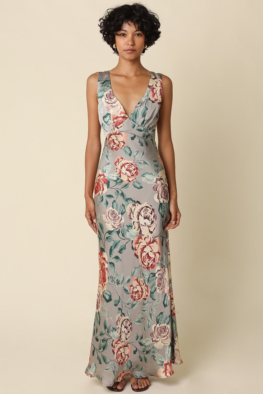 Waitlist 8/20 • Rosa Sleeveless Open Back Elegant Floral Print Satin Maxi Dress Sage