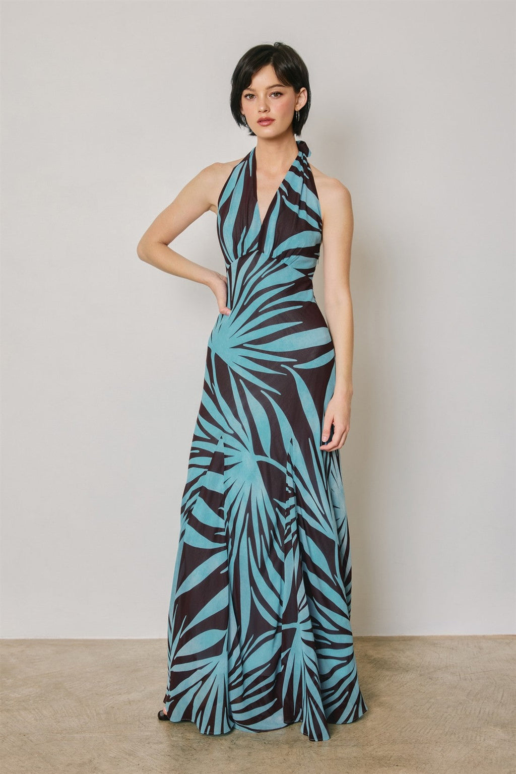 Waitlist 8/5 • Monica Sleeveless Halter Open Back Leaf Print Maxi Dress Blue