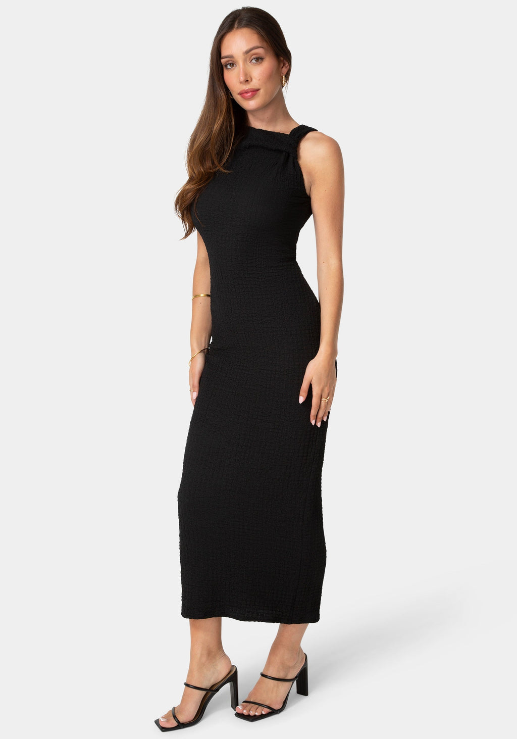 Waffle Crepe Twist Sleeveless Maxi Dress