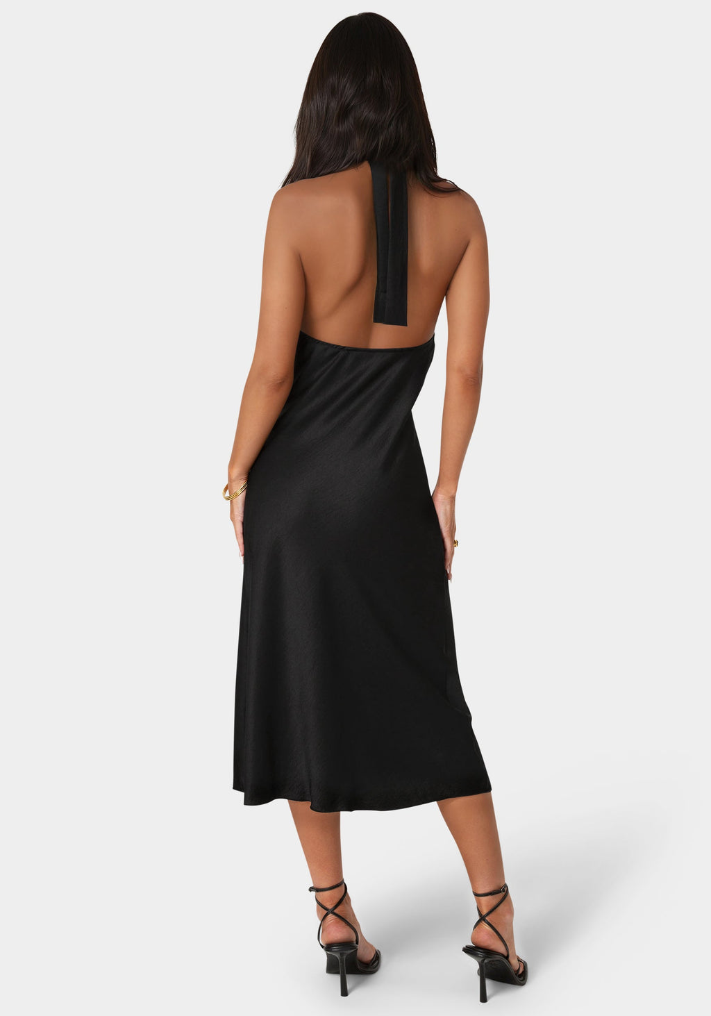 Satin Halter Front Cowl Neck Midi Dress