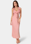 Crushed Satin Ruffle Halter Maxi Dress