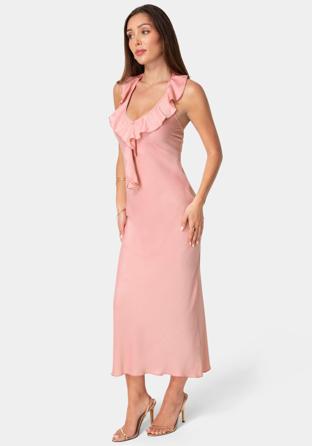 Crushed Satin Ruffle Halter Maxi Dress