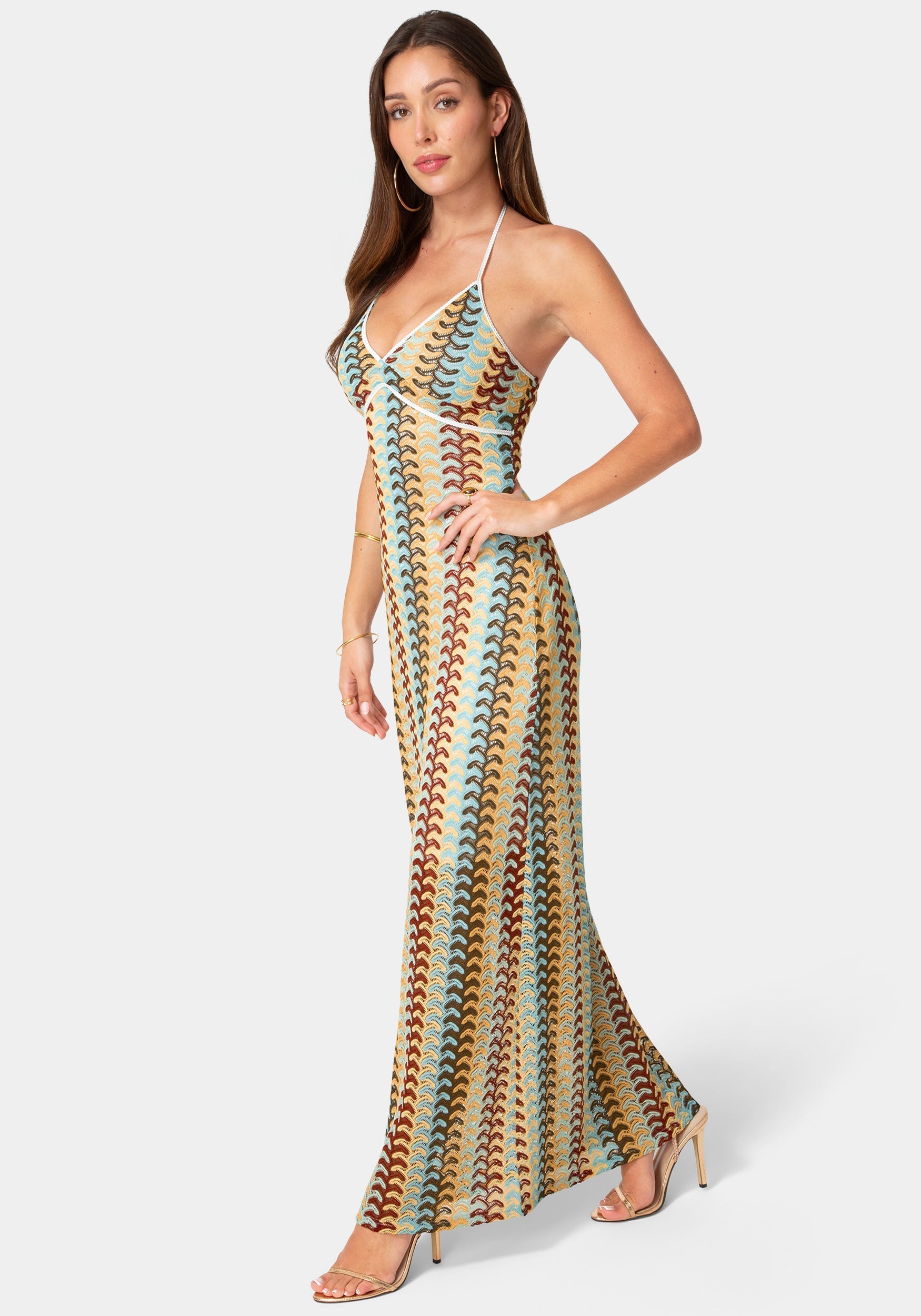 Crochet Stripe Halter A-Line Maxi Dress