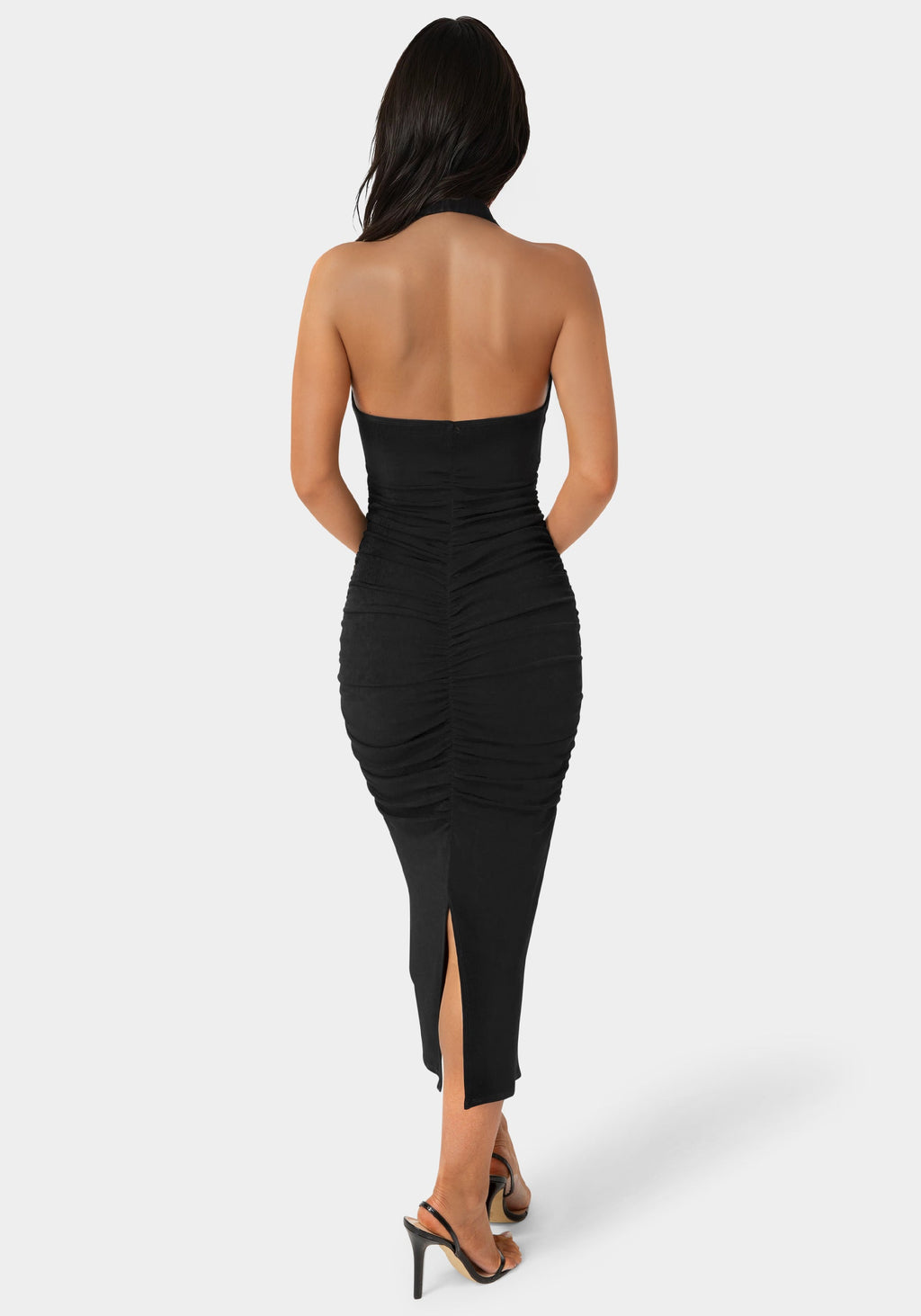 Slinky Shirred Halter Maxi Dress