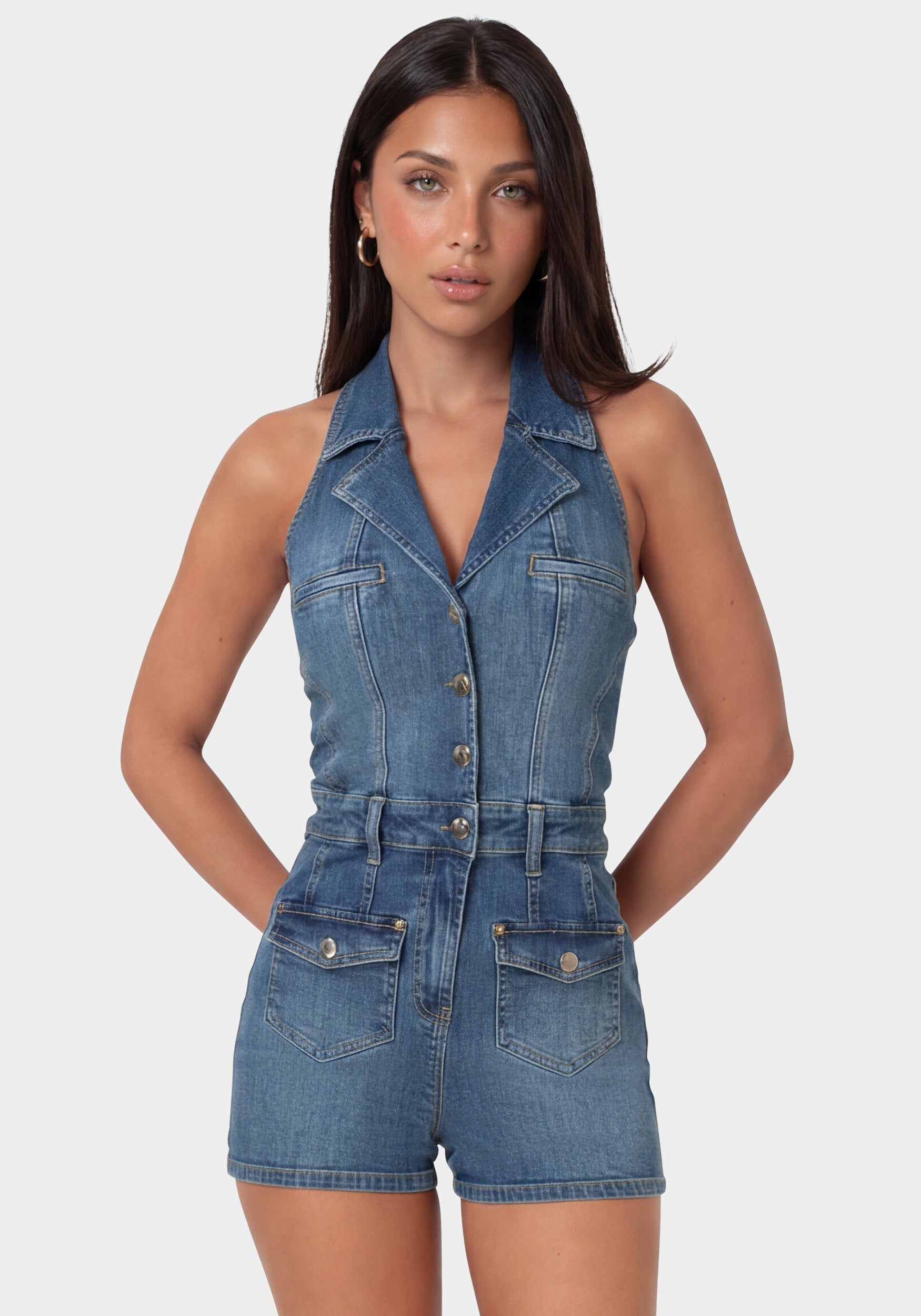 Fitted Halter Denim Romper