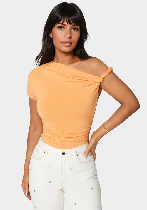 Asymmetrical Shoulder Ruched Bodysuit