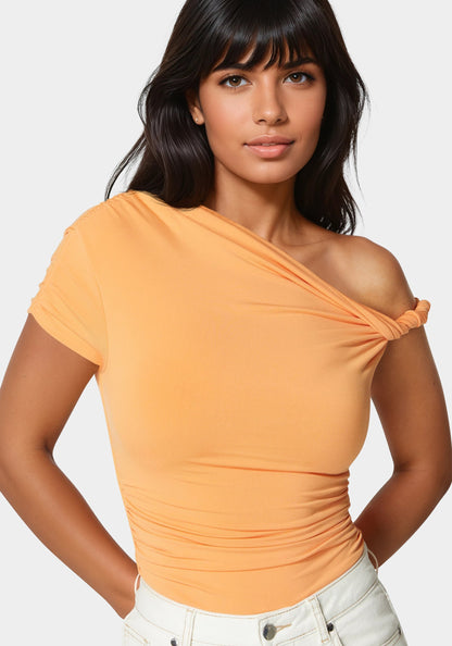 Asymmetrical Shoulder Ruched Bodysuit