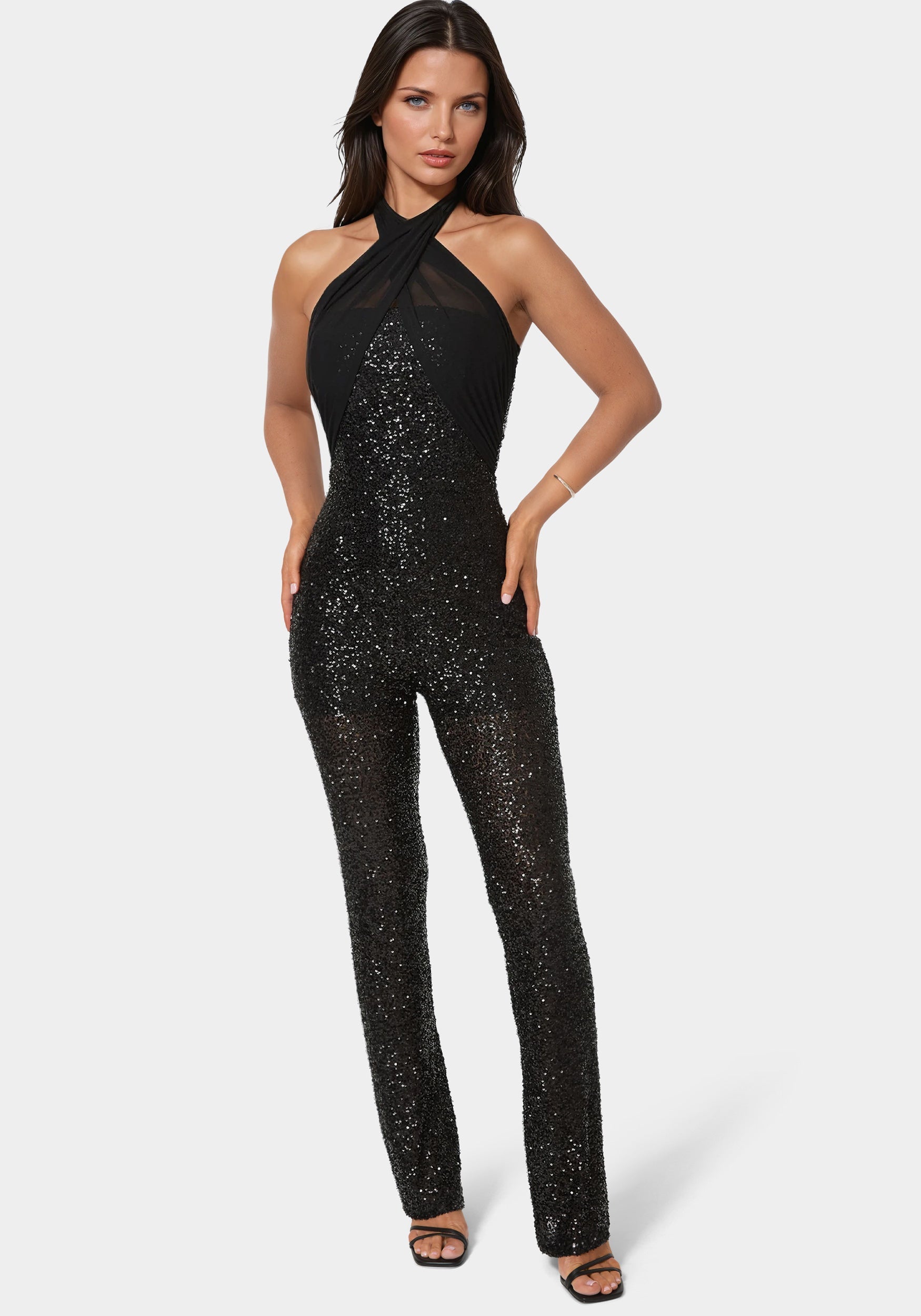 Sequin Halter Mini Flare Leg Jumpsuit