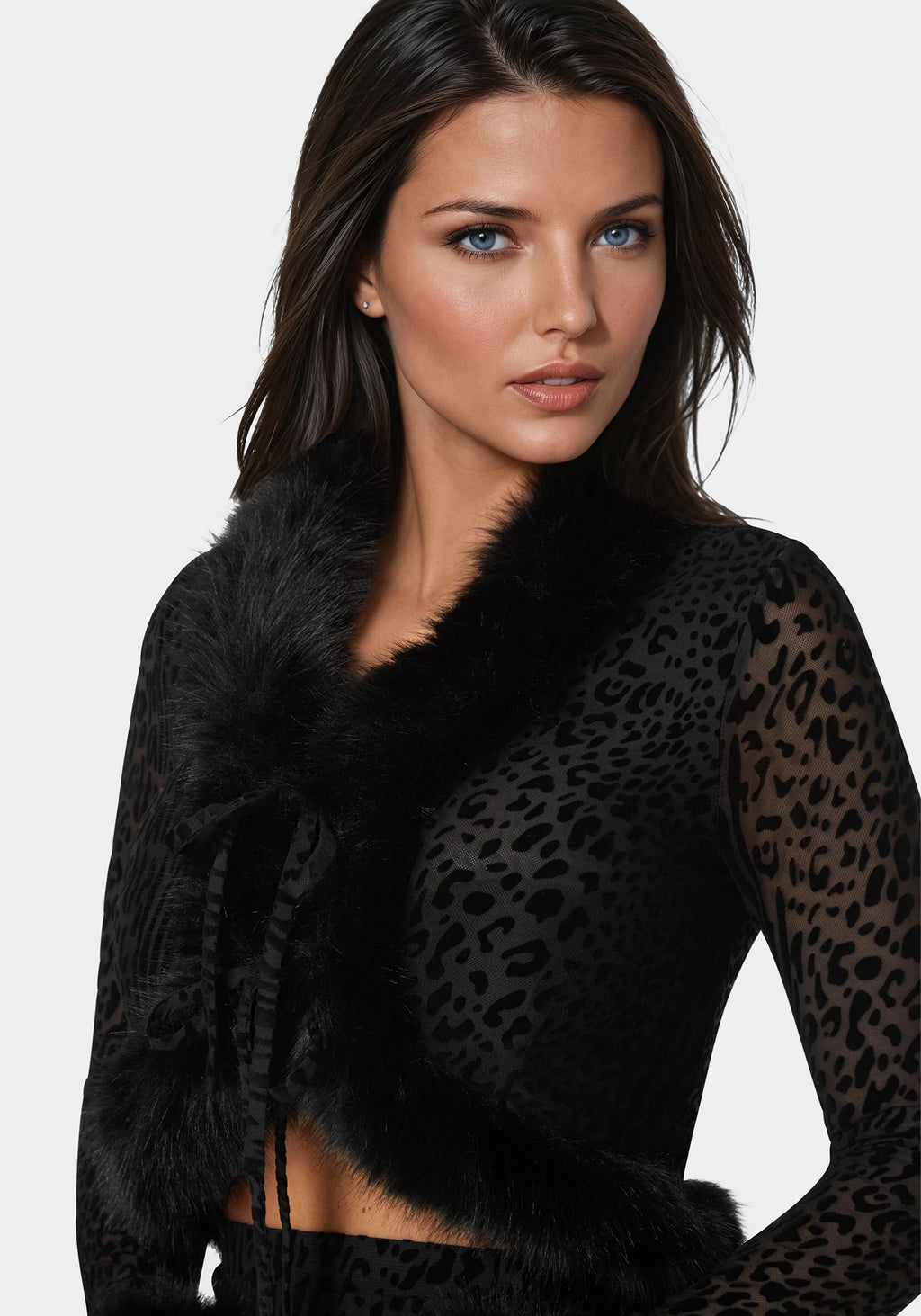 Animal Mesh Faux Fur Trim Long Sleeve Top
