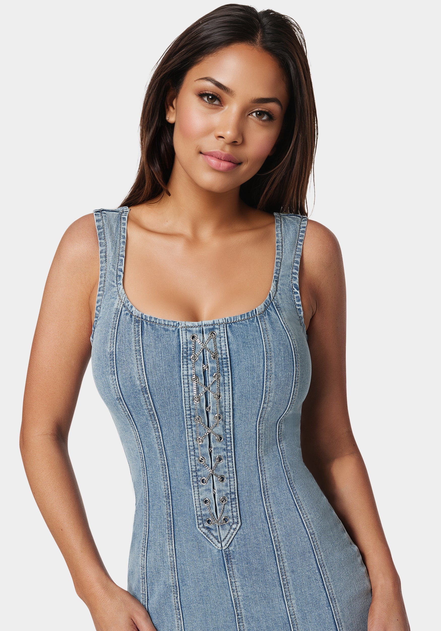 Fitted Lace Up Denim Dress