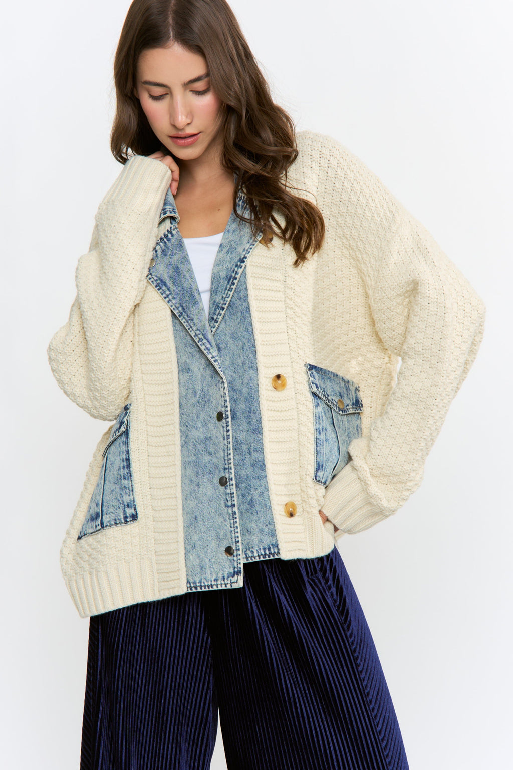 Waitlist 8/25 • Clarissa Long Sleeve Cable Knit Denim Trim One Size Shacket Ivory