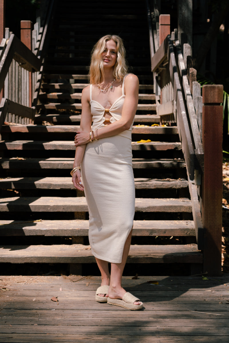 Angie Sleeveless Cut Out Knit Midi Dress Cream