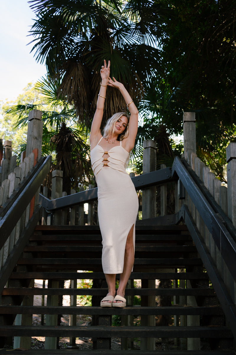 Angie Sleeveless Cut Out Knit Midi Dress Cream
