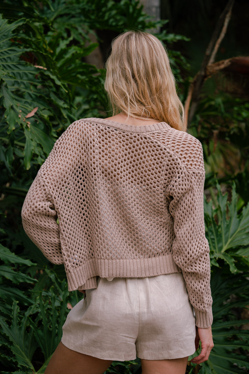 Laverne Long Sleeve Button Down Crochet Cardigan Mocha