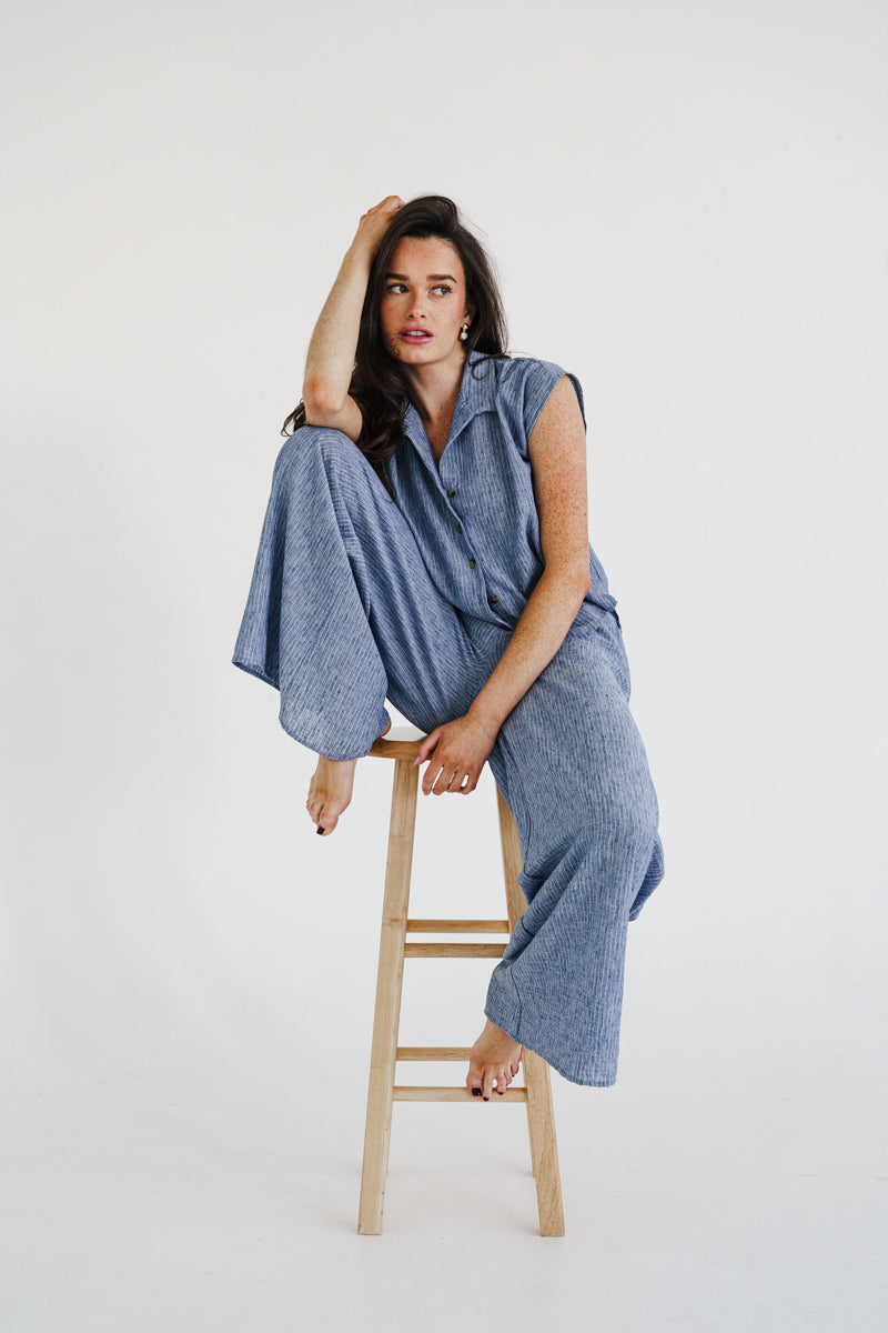 Fiora Short Sleeve Button Down Stripe Print Top Blue