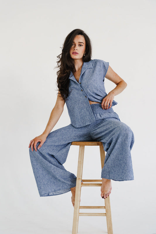 Fiora Short Sleeve Button Down Stripe Print Top Blue
