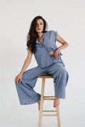 Fiora Short Sleeve Button Down Stripe Print Top Blue