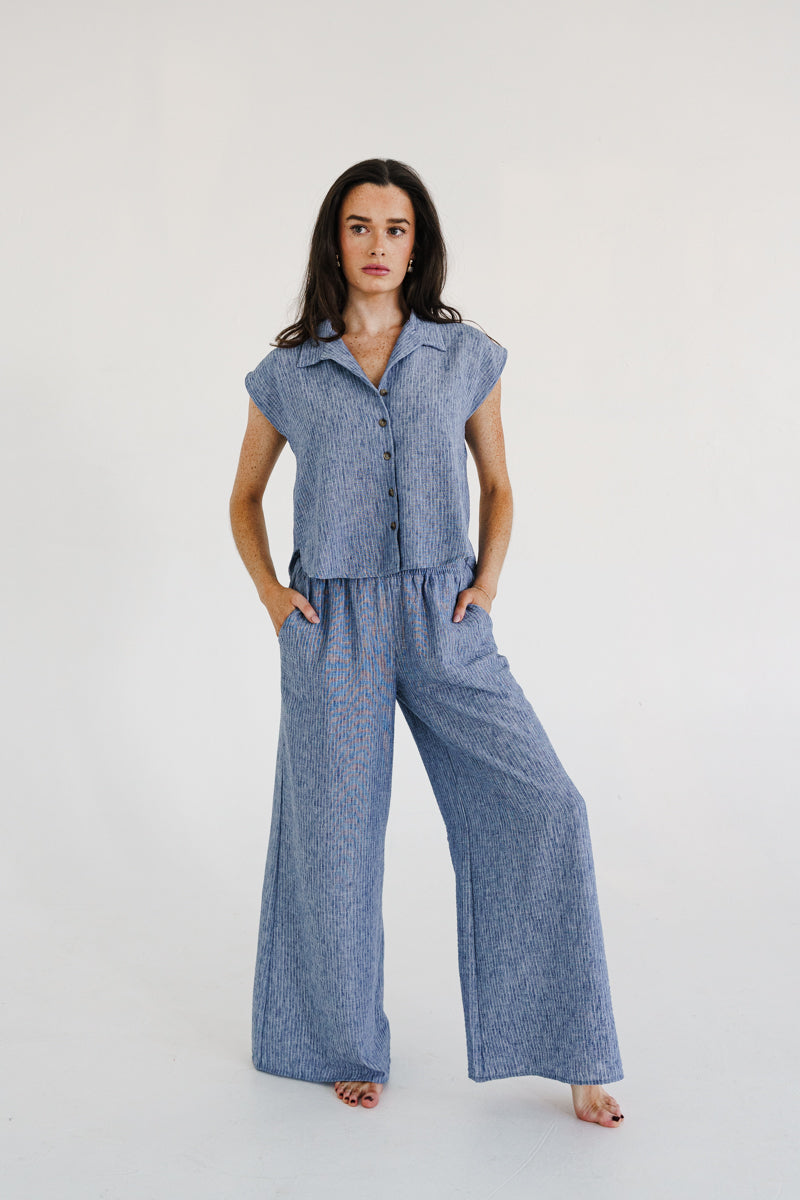 Fiora Short Sleeve Button Down Stripe Print Top Blue