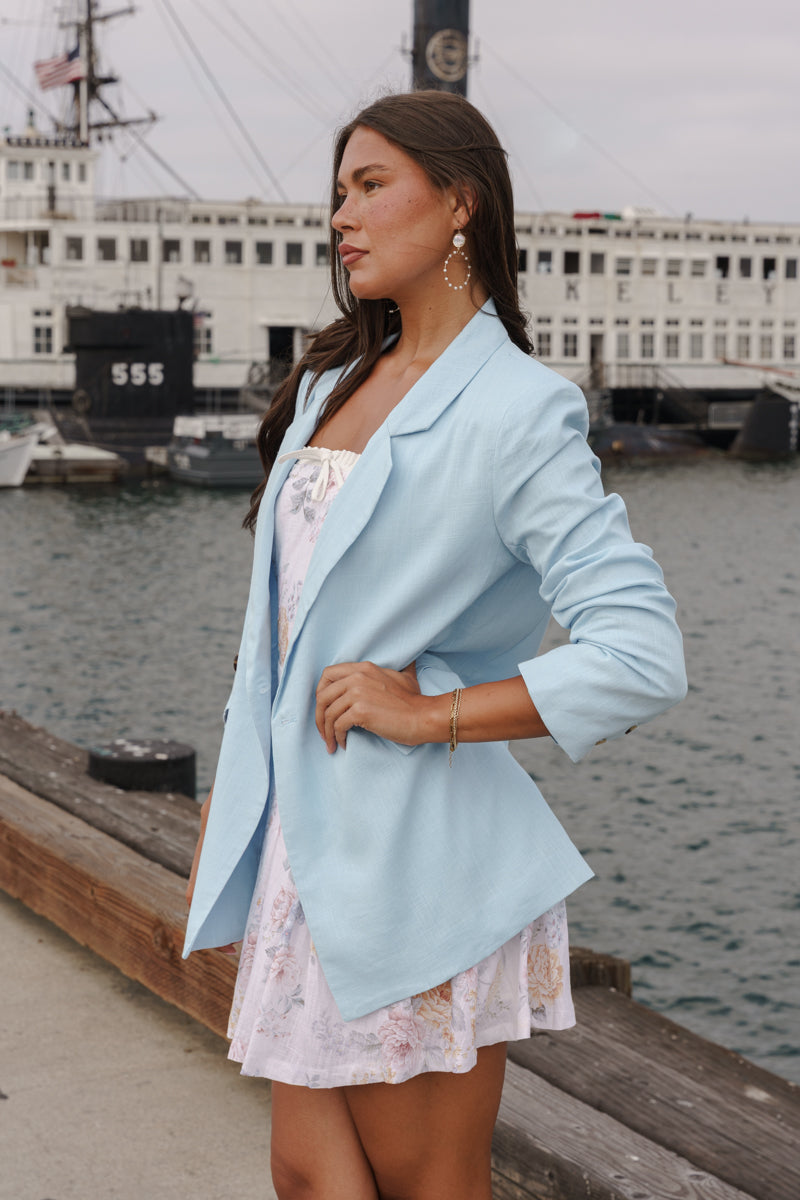 Tara Long Sleeve Linen Blazer Jacket Blue