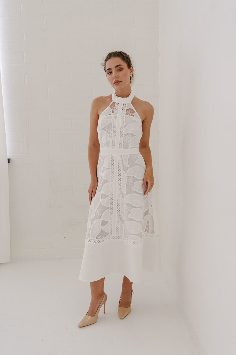 Billie Sleeveless Halter Floral Eyelet Lace Midi Dress White