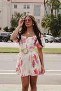 Franny Short Bubble Sleeve Floral Print Mini Dress Pink