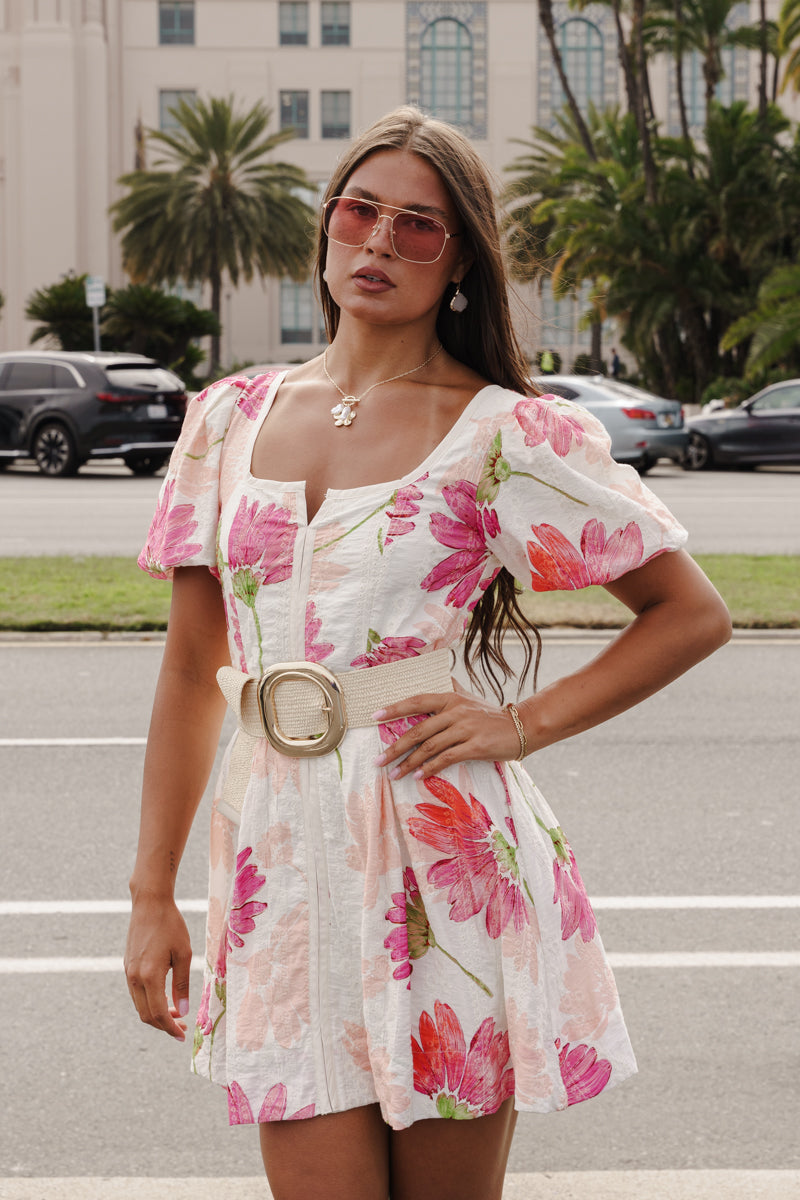 Franny Short Bubble Sleeve Floral Print Mini Dress Pink