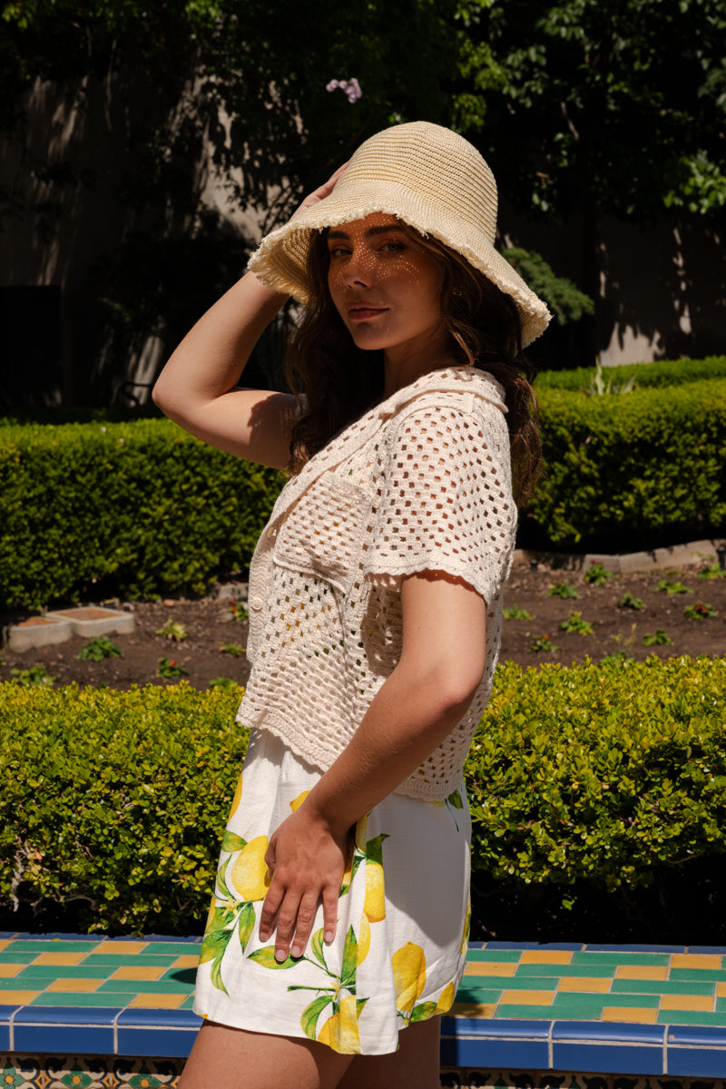 Giselle Short Sleeve Button Down Crochet Knit Top Natural