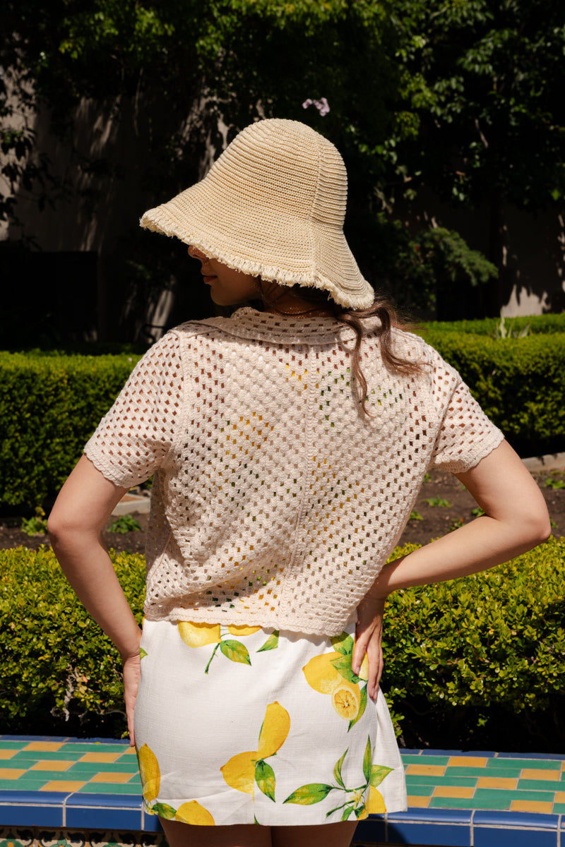 Giselle Short Sleeve Button Down Crochet Knit Top Natural